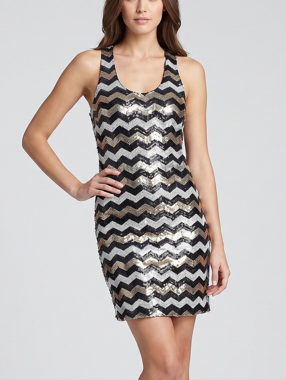NWT! Francesca's Sequin Chevron Tank Dress in Black, Gold & Silver
